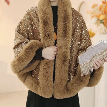 🔥Nouveautés - Châle élégant à paillettes en fausse fourrure pour femme