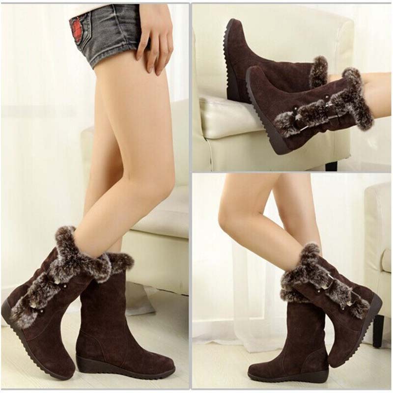 Bottes de neige mi-mollet pour femmes avec bordure en peluche