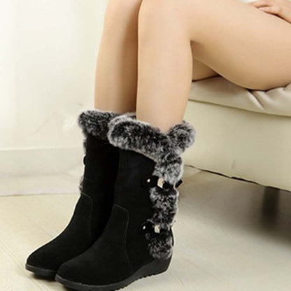 Bottes de neige mi-mollet pour femmes avec bordure en peluche
