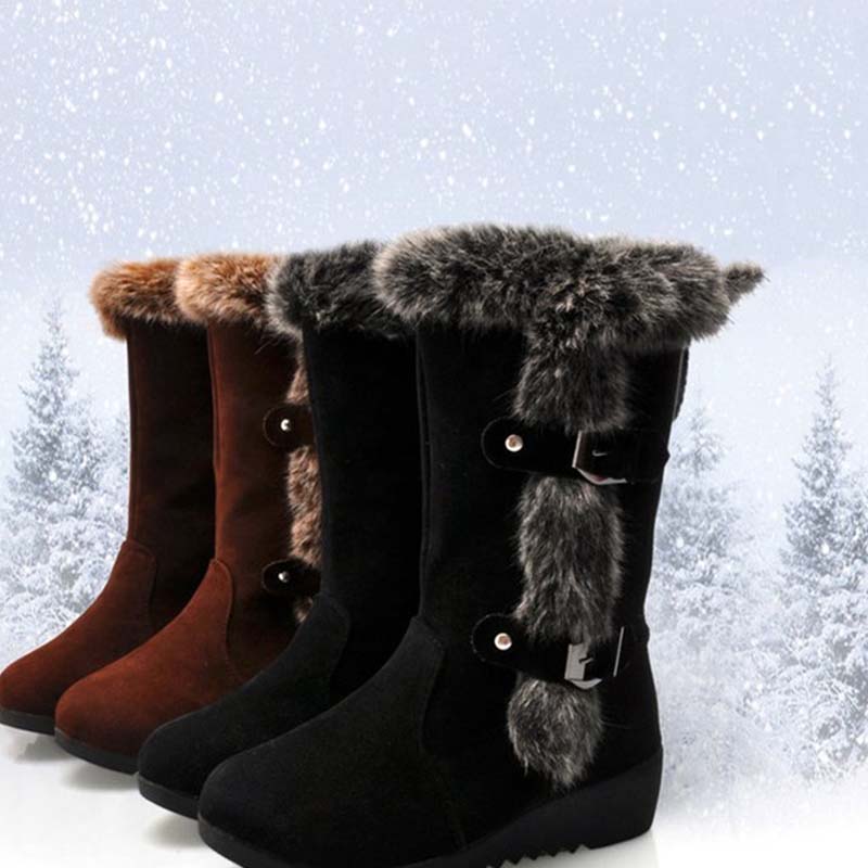 Bottes de neige mi-mollet pour femmes avec bordure en peluche