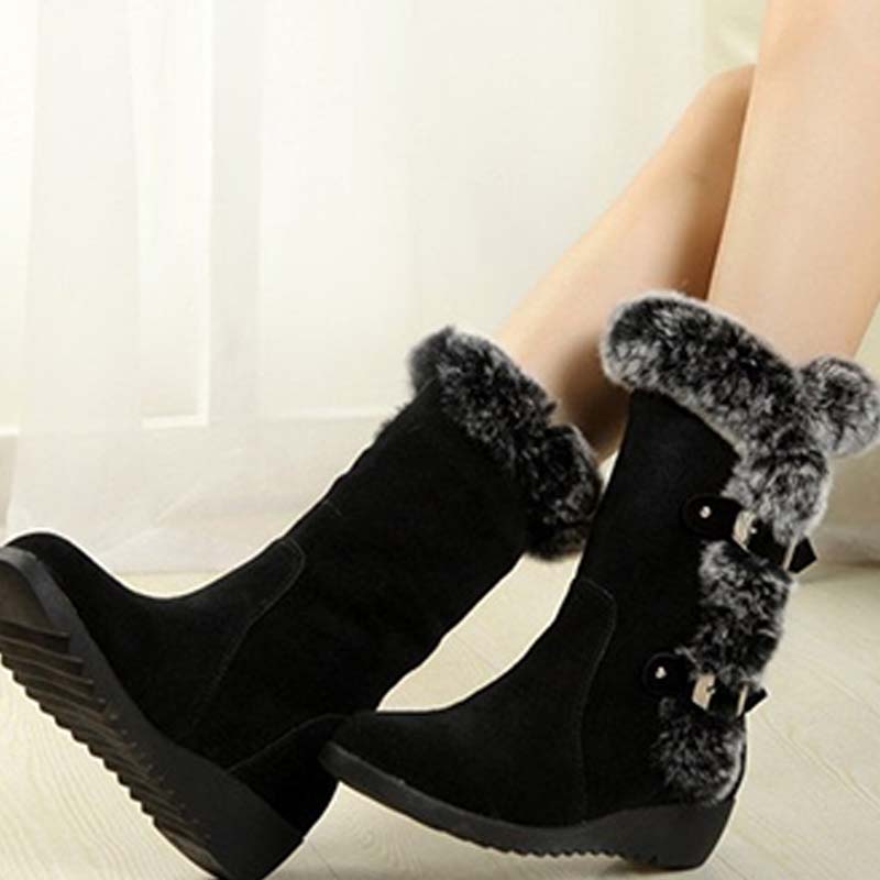 Bottes de neige mi-mollet pour femmes avec bordure en peluche