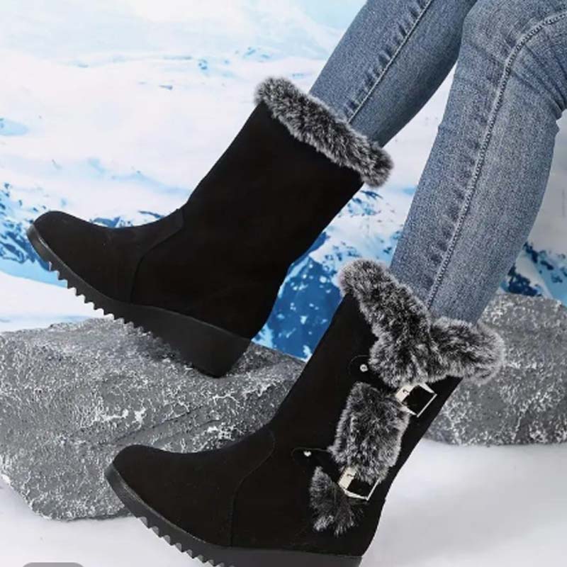 Bottes de neige mi-mollet pour femmes avec bordure en peluche