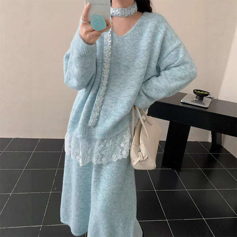 ✨ Ensemble 2 pièces composé d'un pull en maille à bordures en dentelle et d'une jupe pour femme — Une élégance naturelle pour l'automne et l'hiver ❄️👗