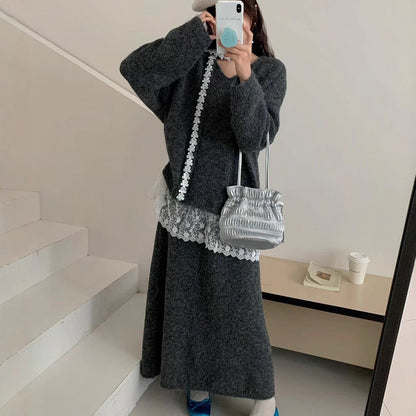 ✨ Ensemble 2 pièces composé d'un pull en maille à bordures en dentelle et d'une jupe pour femme — Une élégance naturelle pour l'automne et l'hiver ❄️👗