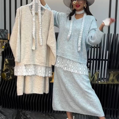 ✨ Ensemble 2 pièces composé d'un pull en maille à bordures en dentelle et d'une jupe pour femme — Une élégance naturelle pour l'automne et l'hiver ❄️👗