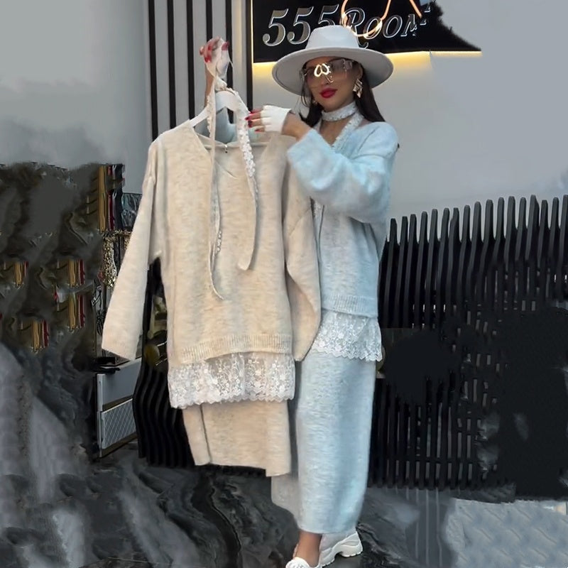 ✨ Ensemble 2 pièces composé d'un pull en maille à bordures en dentelle et d'une jupe pour femme — Une élégance naturelle pour l'automne et l'hiver ❄️👗