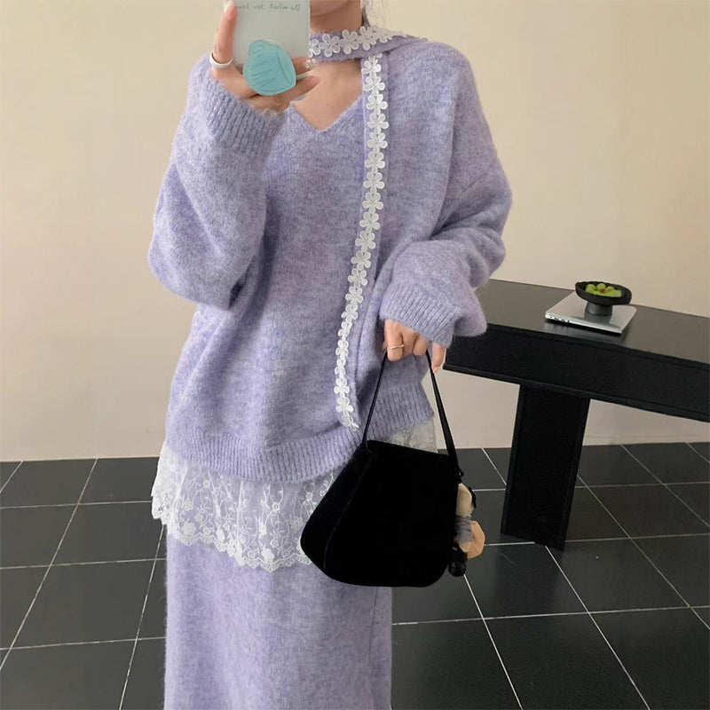 ✨ Ensemble 2 pièces composé d'un pull en maille à bordures en dentelle et d'une jupe pour femme — Une élégance naturelle pour l'automne et l'hiver ❄️👗