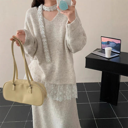 ✨ Ensemble 2 pièces composé d'un pull en maille à bordures en dentelle et d'une jupe pour femme — Une élégance naturelle pour l'automne et l'hiver ❄️👗
