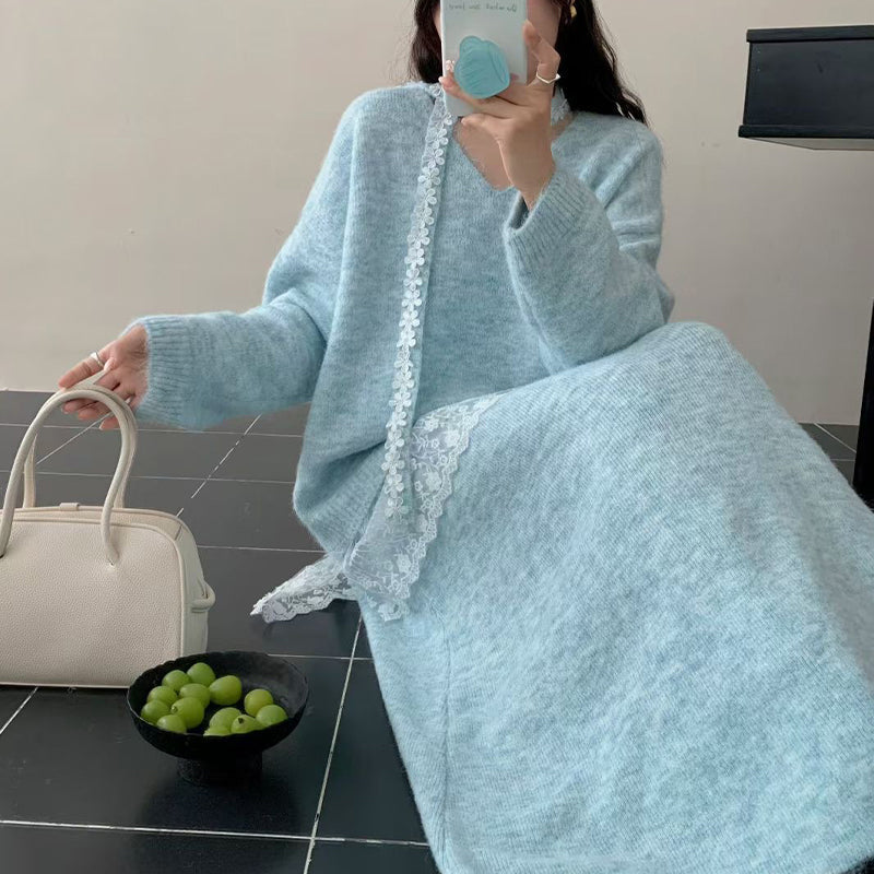 ✨ Ensemble 2 pièces composé d'un pull en maille à bordures en dentelle et d'une jupe pour femme — Une élégance naturelle pour l'automne et l'hiver ❄️👗