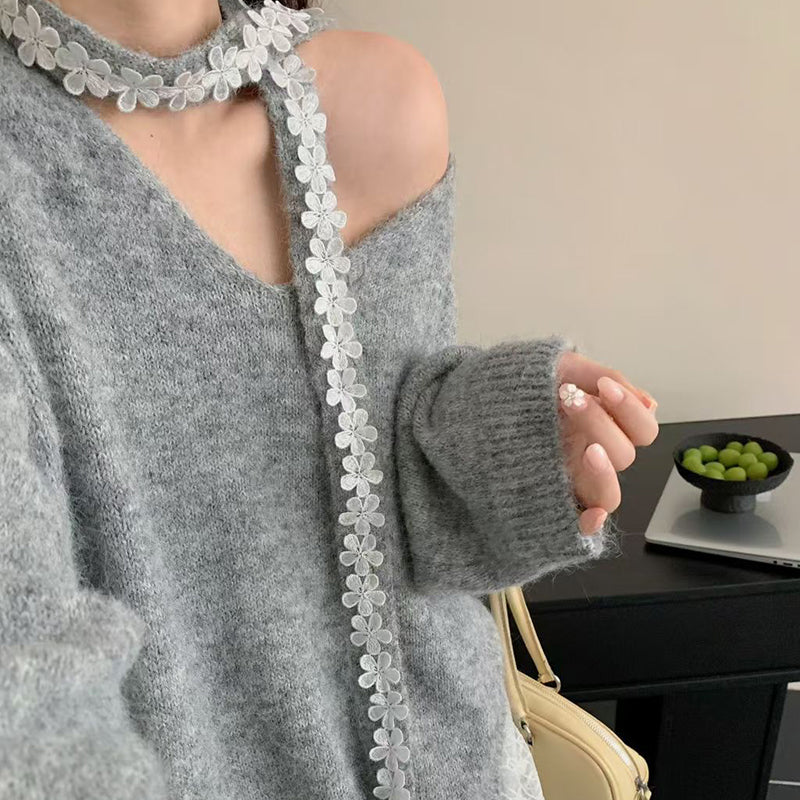 ✨ Ensemble 2 pièces composé d'un pull en maille à bordures en dentelle et d'une jupe pour femme — Une élégance naturelle pour l'automne et l'hiver ❄️👗