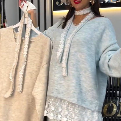 ✨ Ensemble 2 pièces composé d'un pull en maille à bordures en dentelle et d'une jupe pour femme — Une élégance naturelle pour l'automne et l'hiver ❄️👗