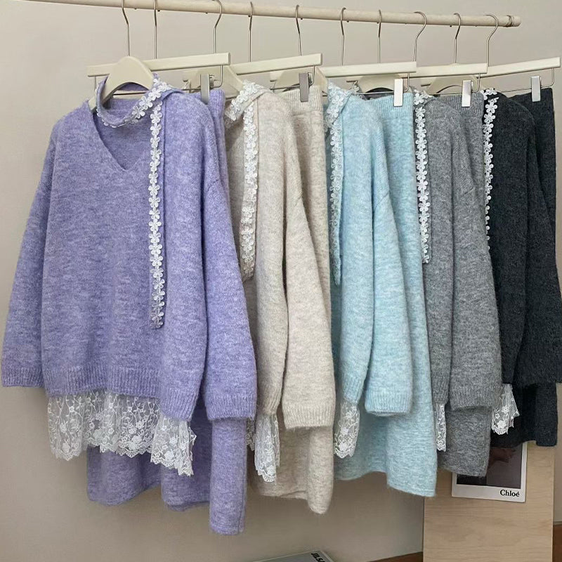 ✨ Ensemble 2 pièces composé d'un pull en maille à bordures en dentelle et d'une jupe pour femme — Une élégance naturelle pour l'automne et l'hiver ❄️👗