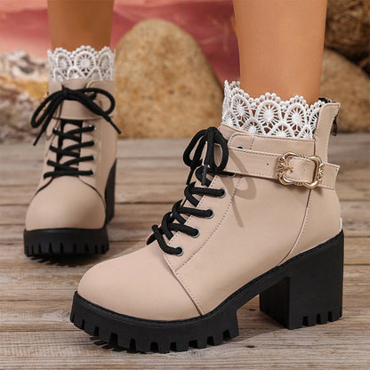 ⏳ Offre à durée limitée -50% ⏰ Bottes cheville à talon bloc avec empiècement dentelle 👢