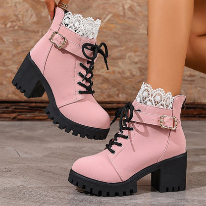 ⏳ Offre à durée limitée -50% ⏰ Bottes cheville à talon bloc avec empiècement dentelle 👢