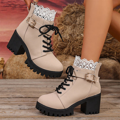 ⏳ Offre à durée limitée -50% ⏰ Bottes cheville à talon bloc avec empiècement dentelle 👢