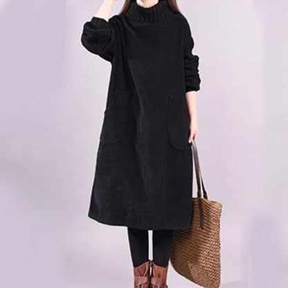 Robe longue ample en velours côtelé à col haut pour femme