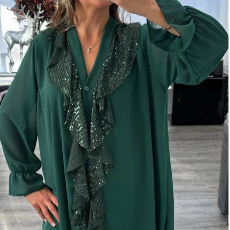 📢📢60 % de réduction !!!🎅Chemise à manches longues à col en V en mousseline et paillettes pour femmes