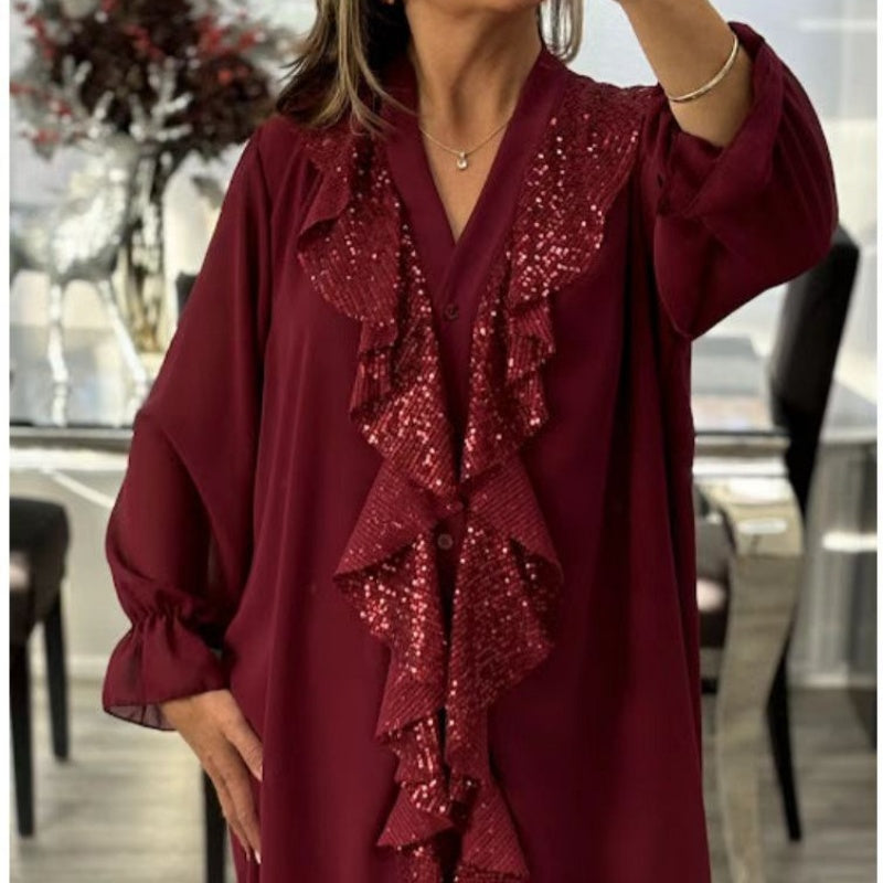 📢📢60 % de réduction !!!🎅Chemise à manches longues à col en V en mousseline et paillettes pour femmes