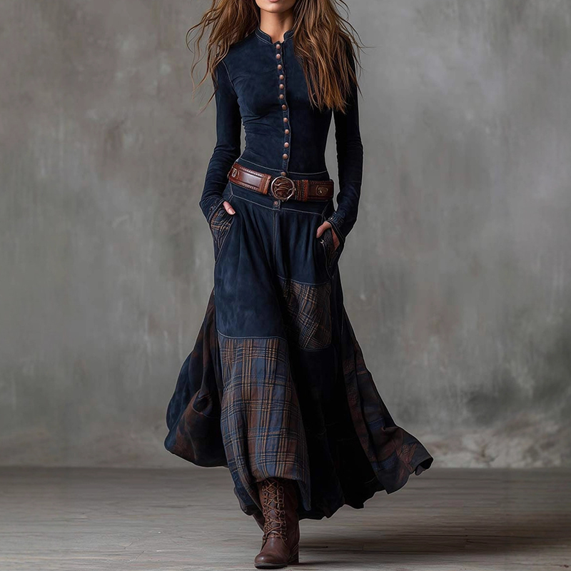 Robe vintage à col montant et boutons