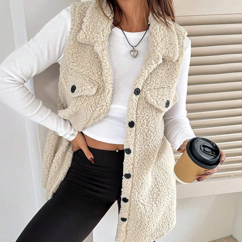Gilet long à col boutonné chaud et douillet pour femmes