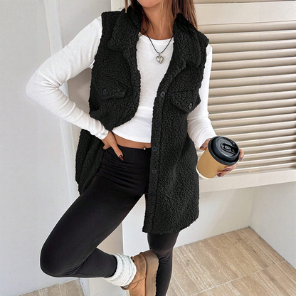 Gilet long à col boutonné chaud et douillet pour femmes