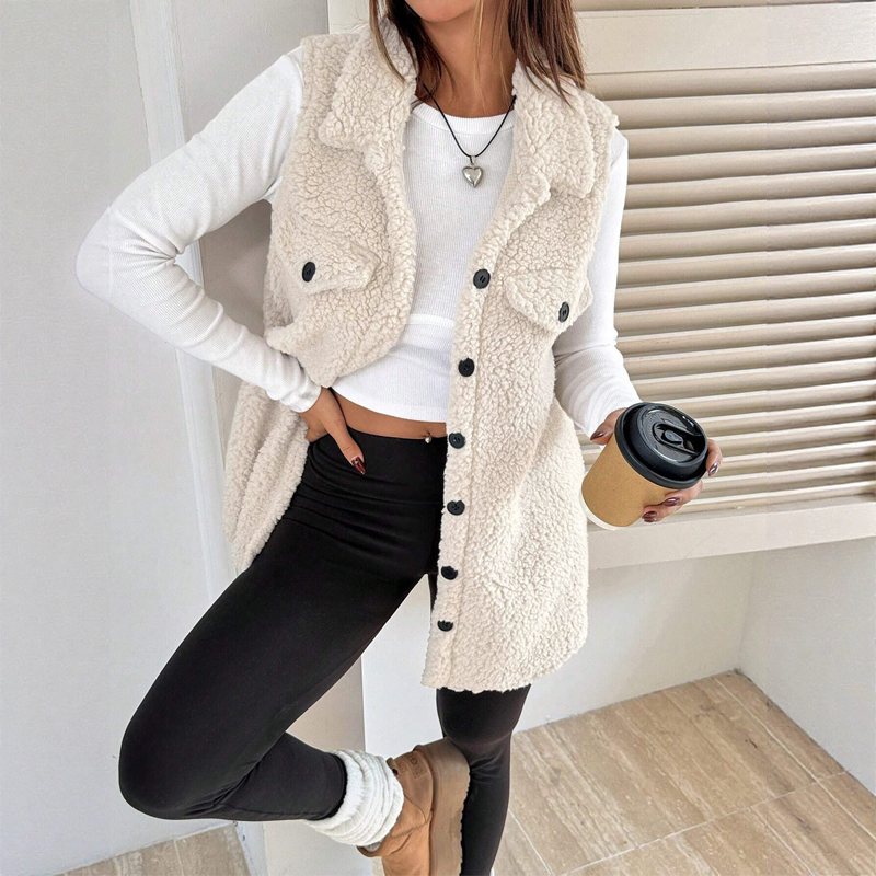 Gilet long à col boutonné chaud et douillet pour femmes