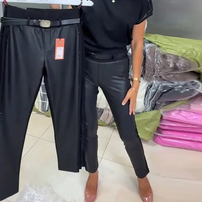 Pantalon taille haute en simili cuir pour femme