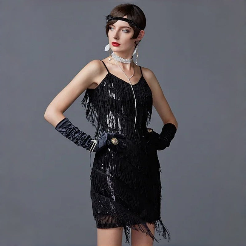 Robe de soirée à franges et paillettes pour femme