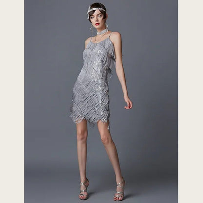 Robe de soirée à franges et paillettes pour femme