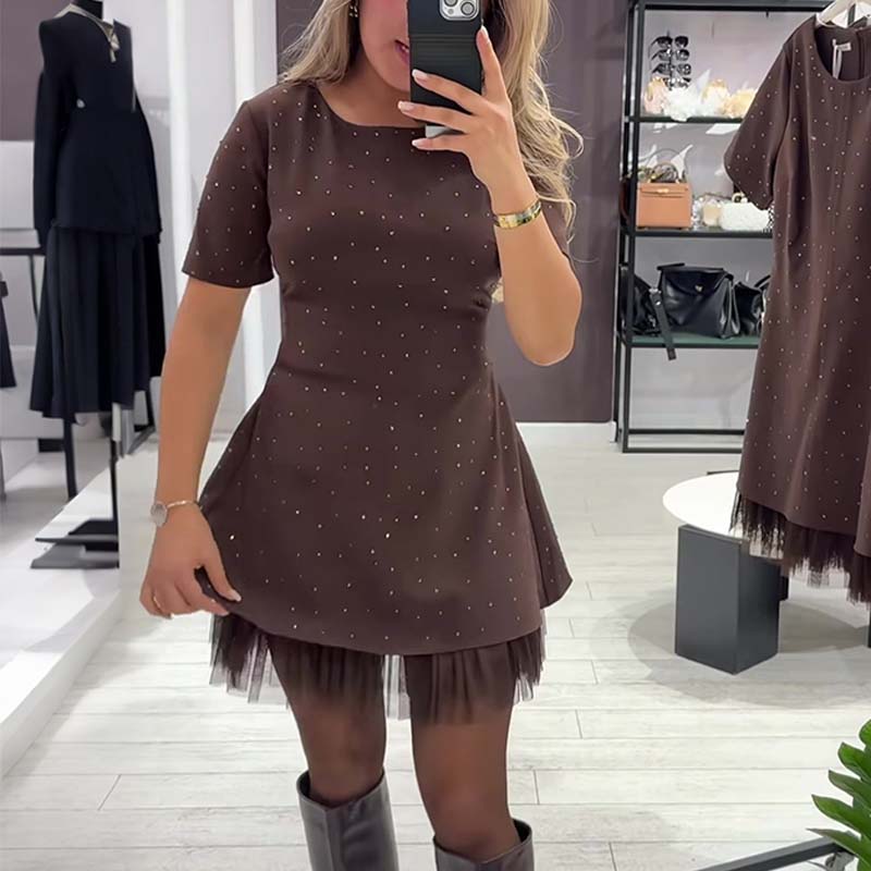 Mini Robe pour Femme Scintillante à Manches Courtes et Dentelle | Élégante et Brillante