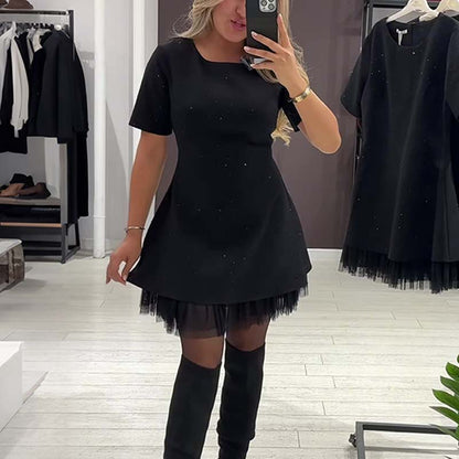 Mini Robe pour Femme Scintillante à Manches Courtes et Dentelle | Élégante et Brillante