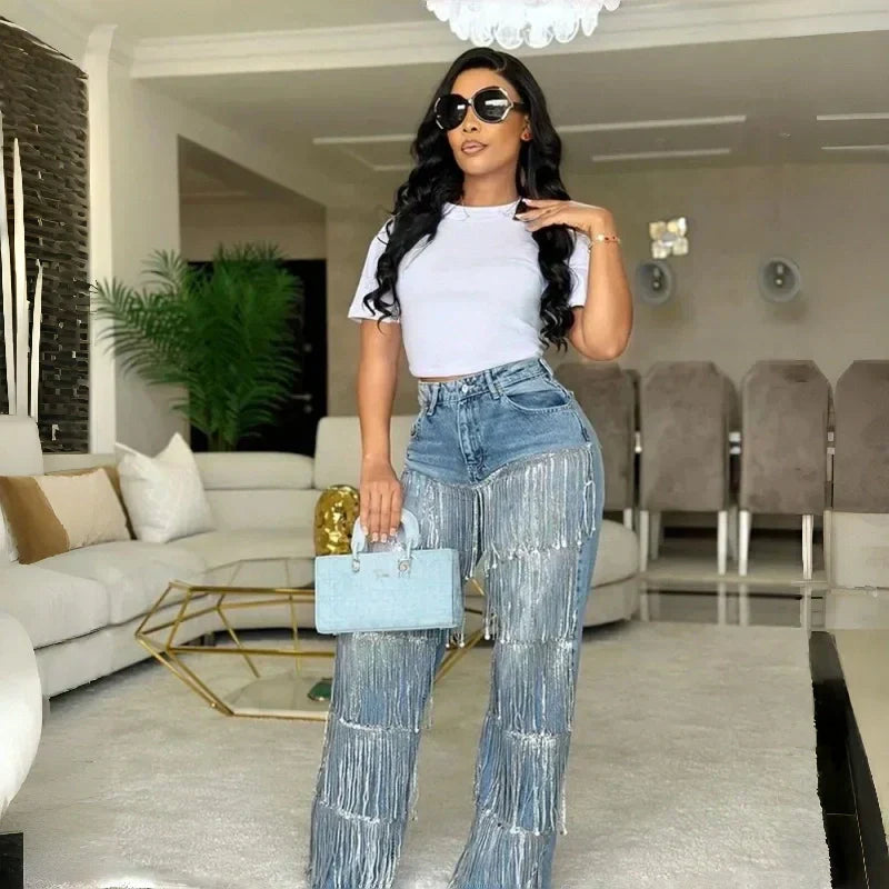 Jeans à franges et paillettes pour femmes