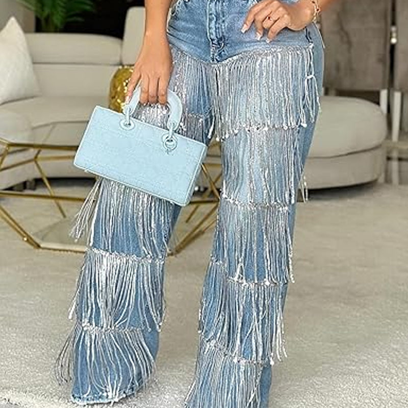 Jeans à franges et paillettes pour femmes
