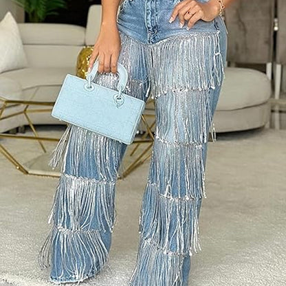 Jeans à franges et paillettes pour femmes