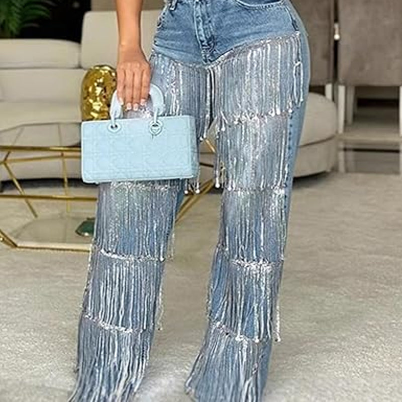 Jeans à franges et paillettes pour femmes