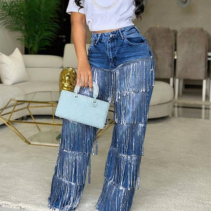 Jeans à franges et paillettes pour femmes