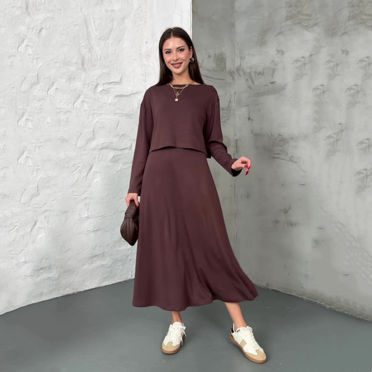 📢📢50 % OFF !!🎅Ensemble 2 pièces pour femme : haut court à manches longues et robe sans manches