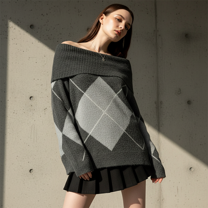 Women's Off-the-Shoulder Argyle Knit Sweater