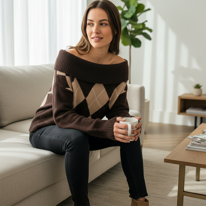Women's Off-the-Shoulder Argyle Knit Sweater
