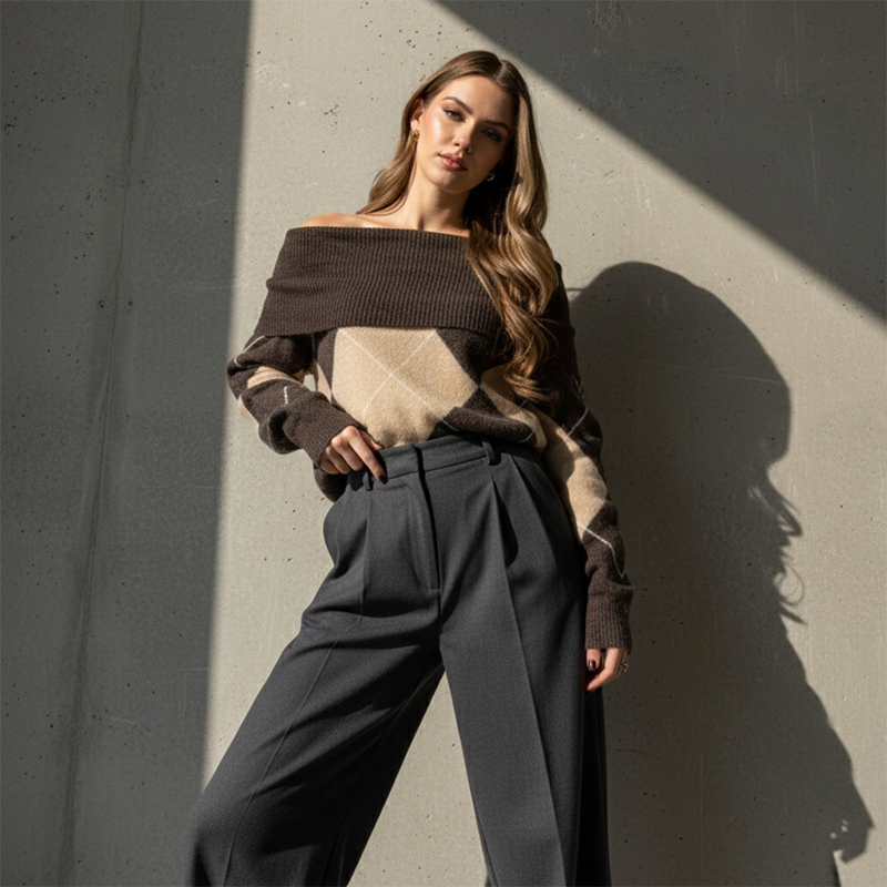 Women's Off-the-Shoulder Argyle Knit Sweater