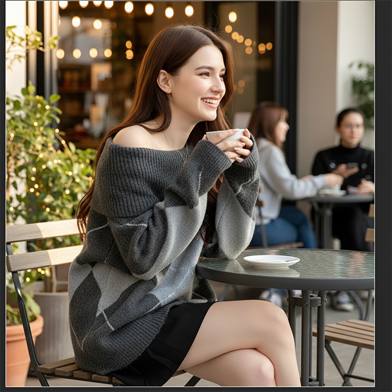 Women's Off-the-Shoulder Argyle Knit Sweater