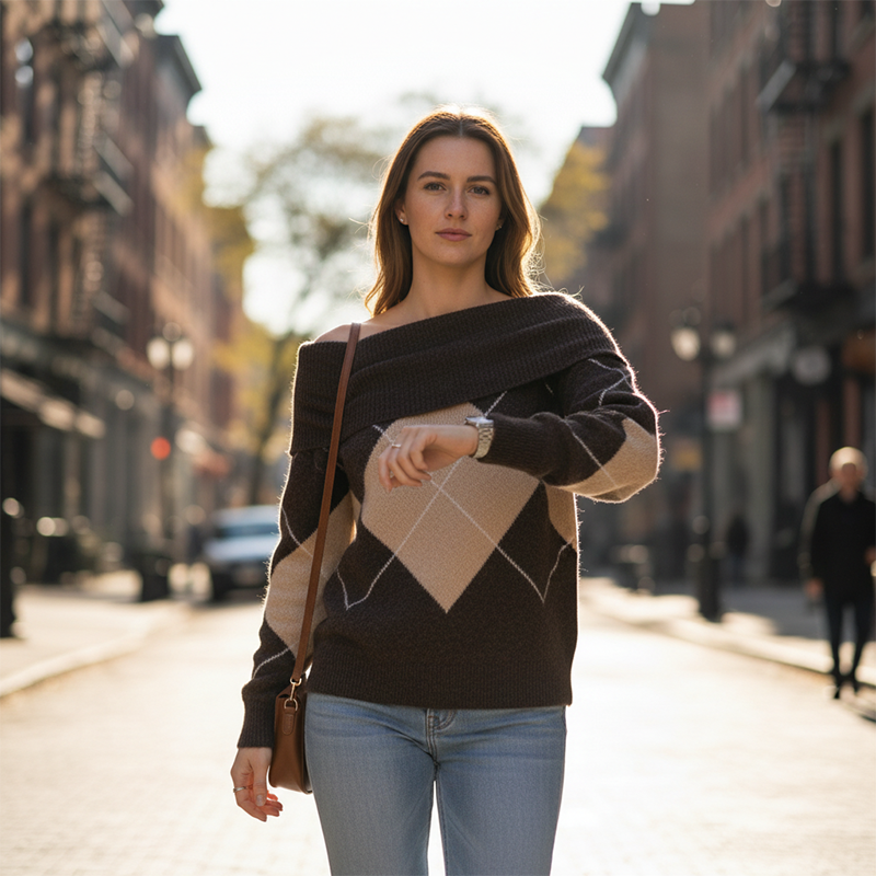 Women's Off-the-Shoulder Argyle Knit Sweater