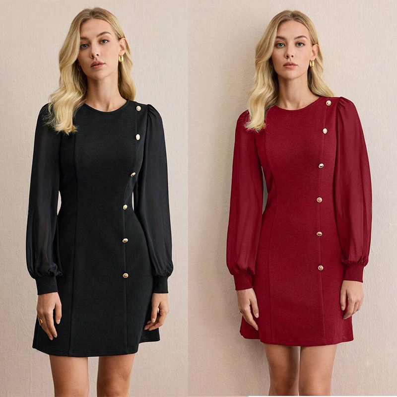 Élégante robe à manches longues avec patte de boutonnage asymétrique