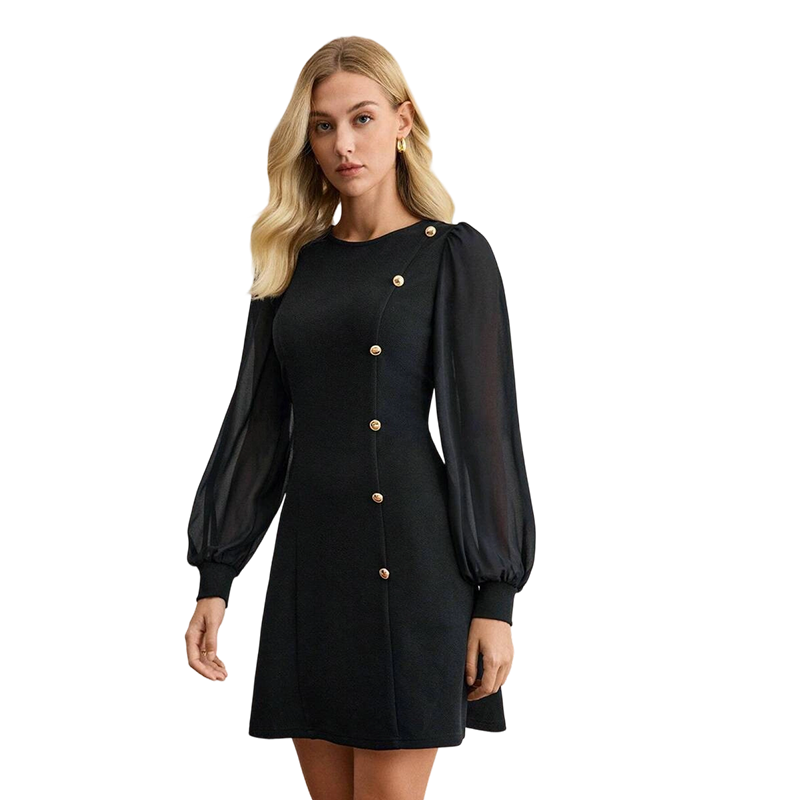 Élégante robe à manches longues avec patte de boutonnage asymétrique