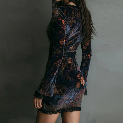 Robe moulante vintage en velours à imprimé floral