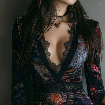 Robe moulante vintage en velours à imprimé floral