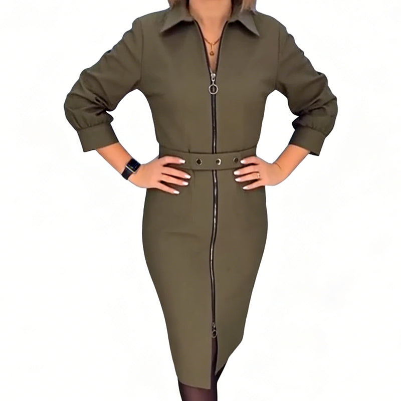 Robe moulante à manches longues avec fermeture éclair intégrale à l’avant pour femmes