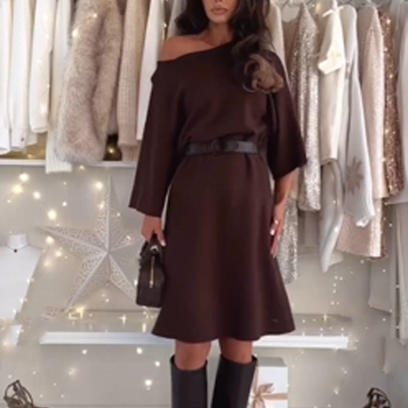 Robe en maille mi-longue à col rond, coupe ample pour femmes
