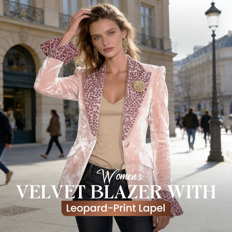 🔥Offres spéciales ✨ Blazer en velours pour femme avec revers imprimé léopard