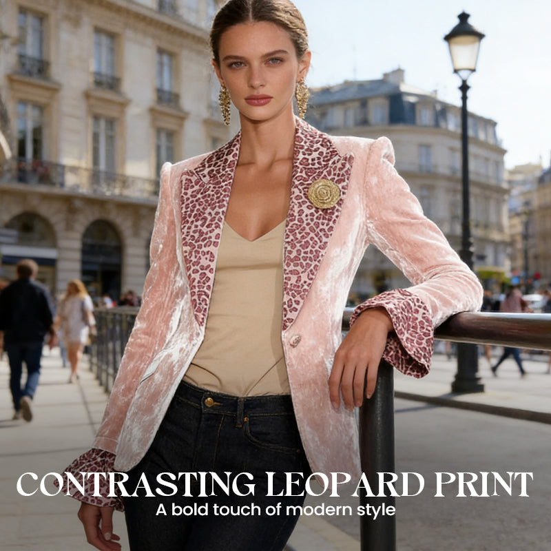 🔥Offres spéciales ✨ Blazer en velours pour femme avec revers imprimé léopard